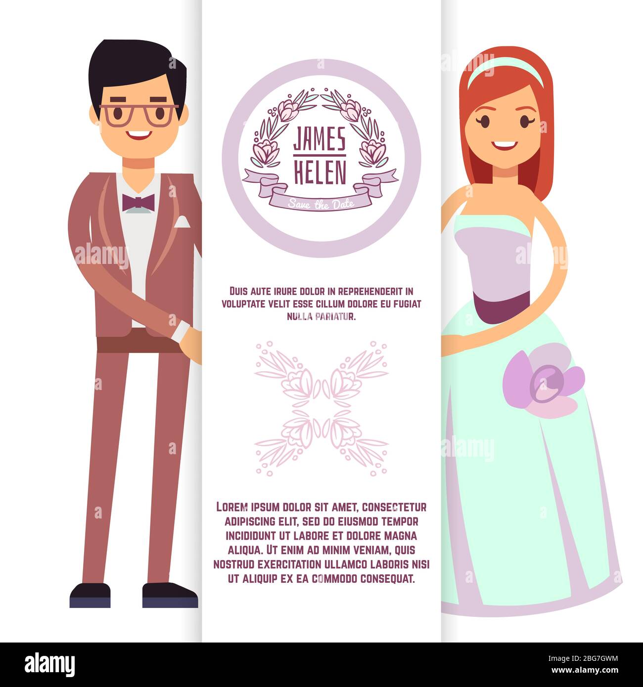 Volantino di nozze d'epoca, poster, modello banner con cartoni animati personaggio e sposa. Illustrazione vettoriale Illustrazione Vettoriale