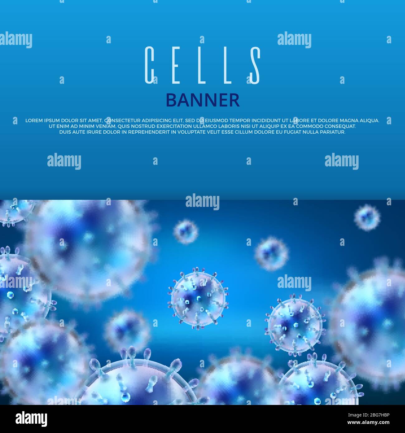 Modello banner Web per microbiologia e vettoriali medici con batteri e virus 3d. Ricerca cellulare illustrazione microscopica scientifica Illustrazione Vettoriale