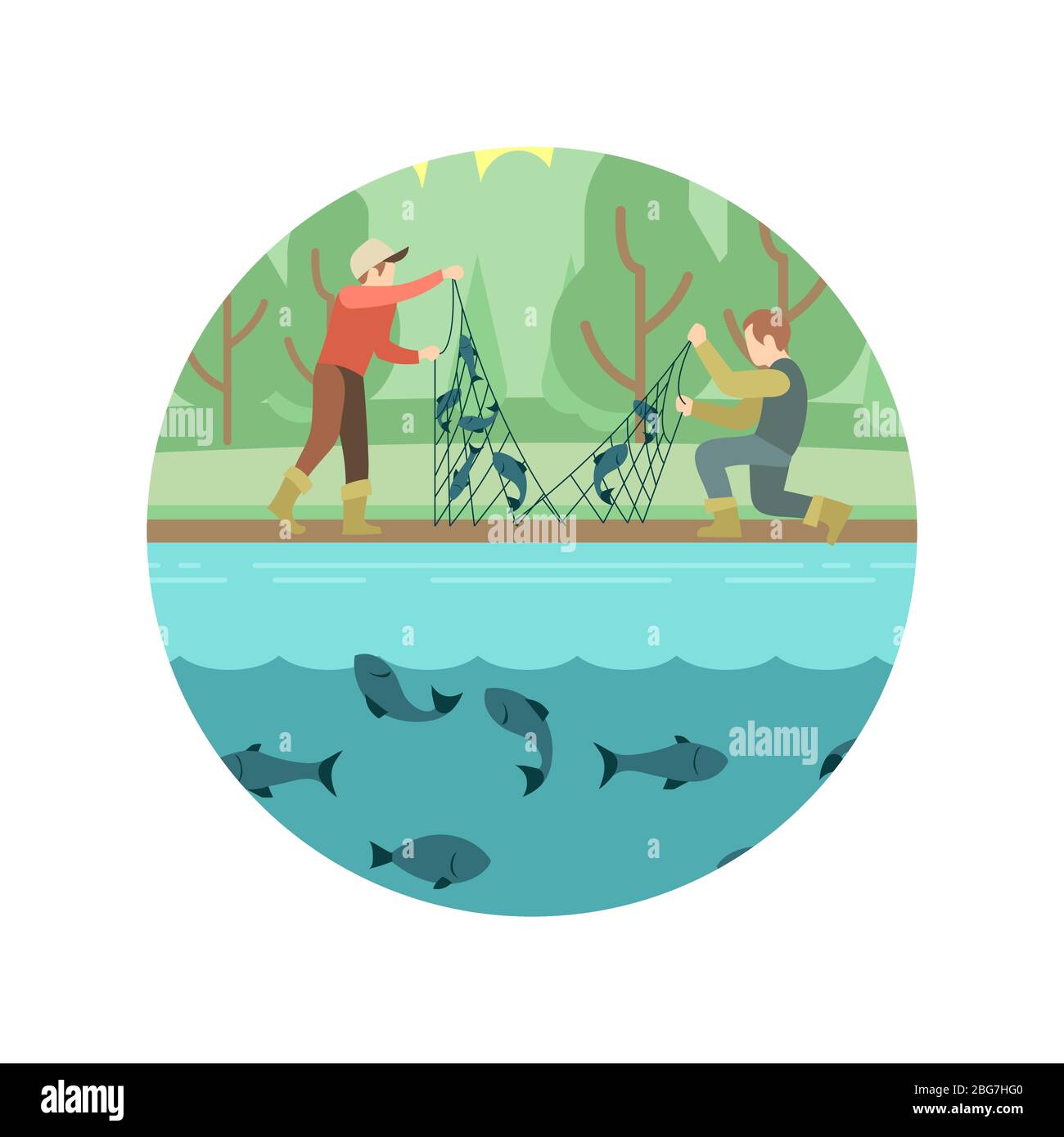 Uomini di pesca con pesce e attrezzatura emblema vettoriale illustrazione icona Illustrazione Vettoriale