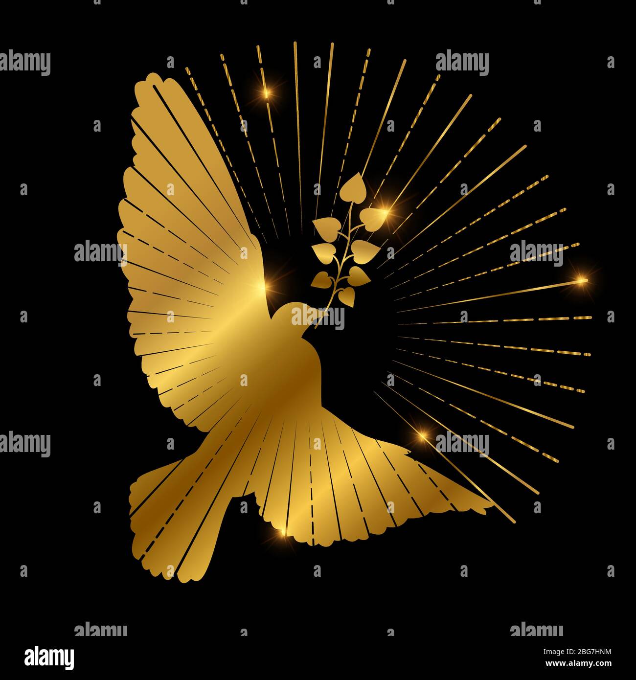 Colomba d'oro di pace logo design. Piccione, ramo e starrburst su sfondo nero. Vettore colomba dorato con ala e ramo illustrazione Illustrazione Vettoriale