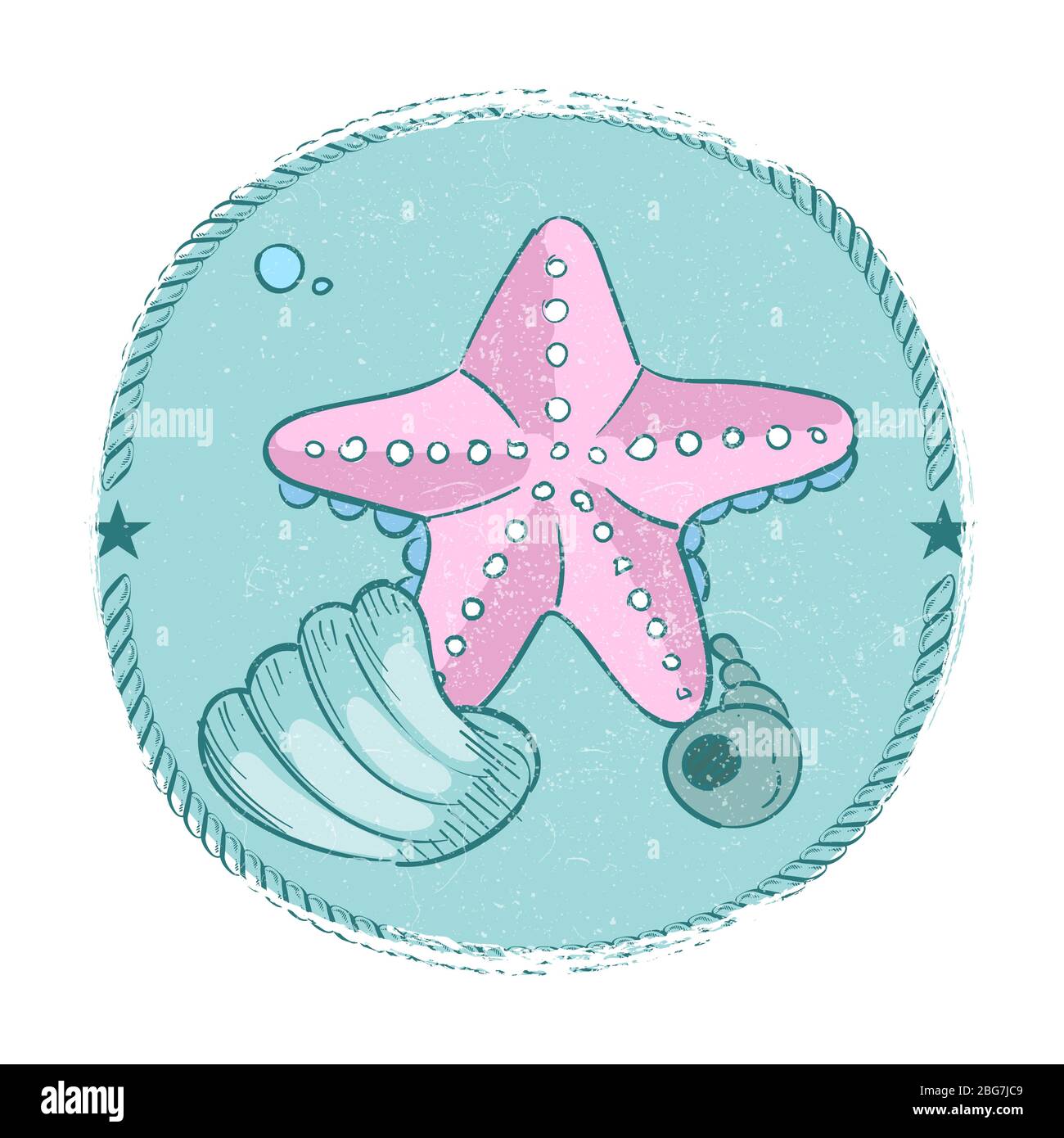 Starbefish e fregi di conchiglia disegnati a mano isolati su bianco. Illustrazione vettoriale Illustrazione Vettoriale
