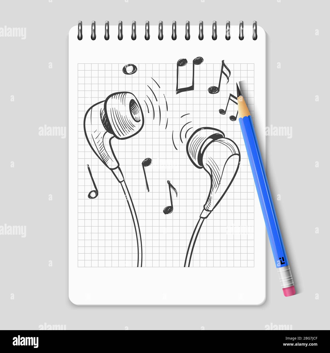 Cuffie disegnate a mano e note musicali sulla pagina realistica del notebook. Musica sketch stereo cuffie, illustrazione vettoriale Illustrazione Vettoriale