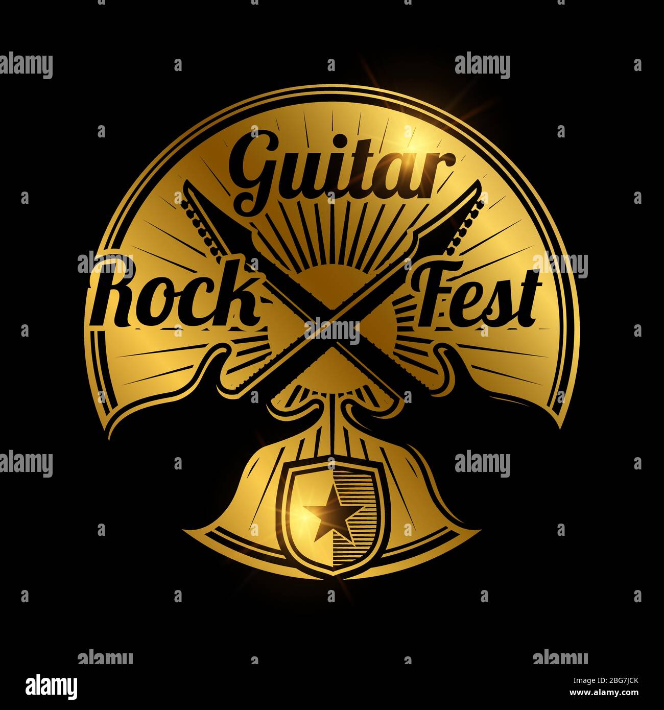 Rock fest icona dorata design. Banner festival di musica vettoriale con illustrazione effetto lucentezza Illustrazione Vettoriale