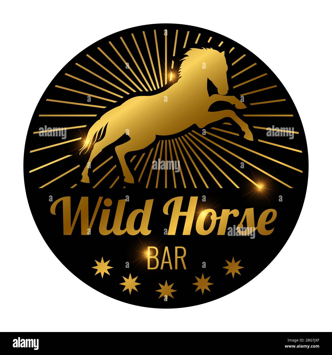Cavallo da corsa dorato lucido su sfondo nero. Bar, emblema di caffè con cavallo isolato su sfondo bianco. Illustrazione vettoriale Illustrazione Vettoriale