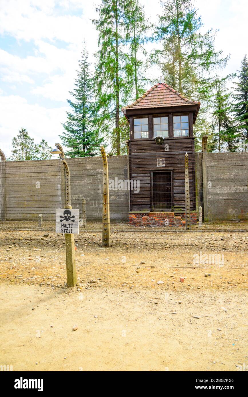 Torre della Guardia campo di concentramento di Auschwitz Birkenau Oświęcim Museo Polonia meridionale Europa UE UNESCO Foto Stock