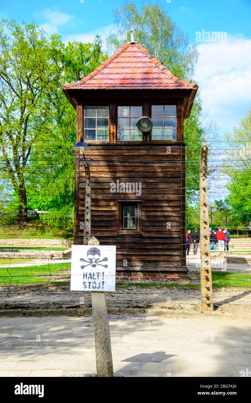 Torre della Guardia campo di concentramento di Auschwitz Birkenau Oświęcim Museo Polonia meridionale Europa UE UNESCO Foto Stock