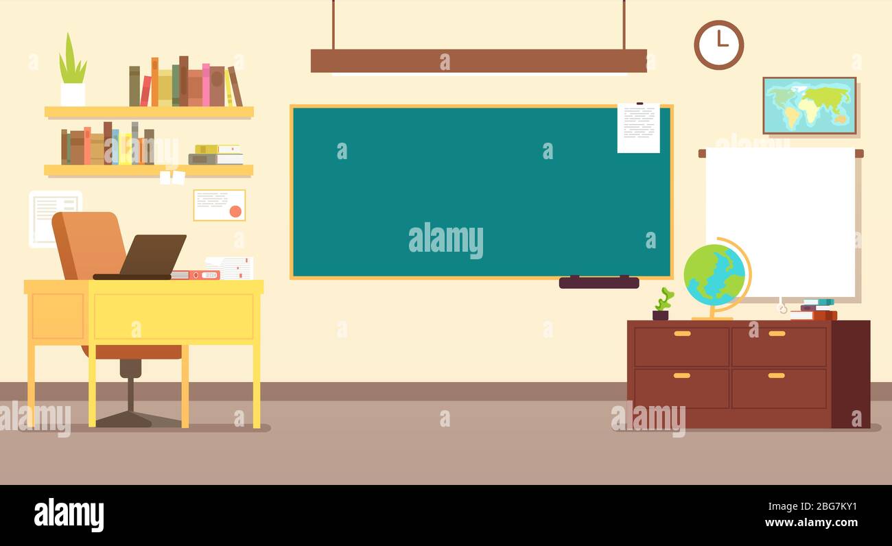 Nessuno scuola interna con insegnanti scrivania e lavagna illustrazione vettoriale. Classe vuota per studio, interno e lavagna Illustrazione Vettoriale