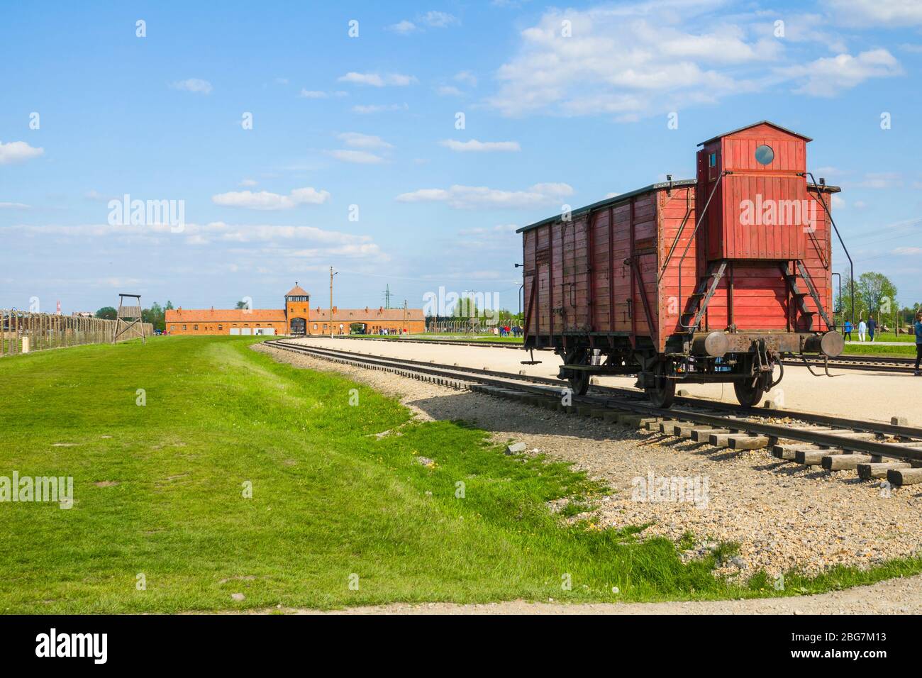 Boxcar Train Tracks campo di concentramento di Auschwitz Birkenau Oświęcim Museo Polonia meridionale Europa UE UNESCO Foto Stock