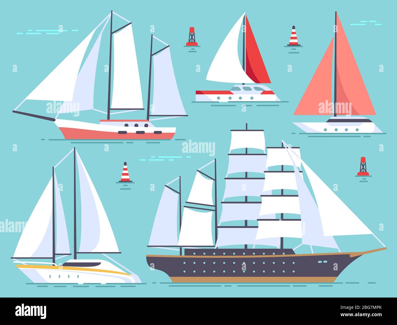 Trasporto barche a vela, yacht, nave da crociera a vela. Set vettore isolato per nave marittima e oceanica. Illustrazione collezione di barca e yacht, nave tran Illustrazione Vettoriale