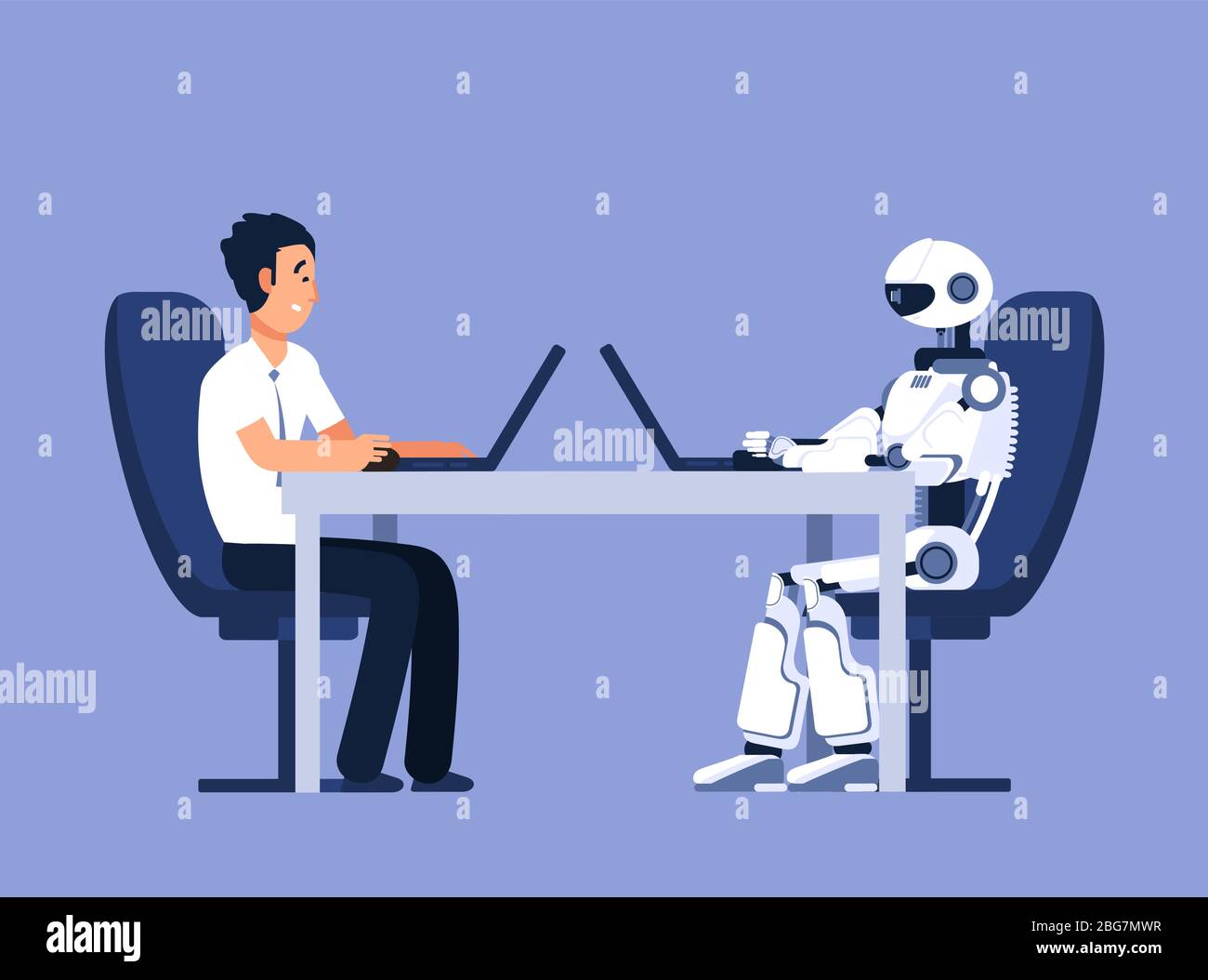 Robot e uomo d'affari. Robot e conflitti umani e futuri. Ai, vettore di intelligenza artificiale. Illustrazione dell'uomo e della macchina di automazione Illustrazione Vettoriale