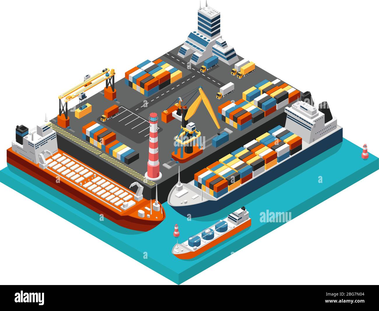 Terminale isometrico 3d con navi da carico, gru e container in vista aerea del porto. Concetto di vettore di industria di trasporto. Nave terminale di trasporto per lo scarico, l'esportazione e l'illustrazione del deposito Illustrazione Vettoriale