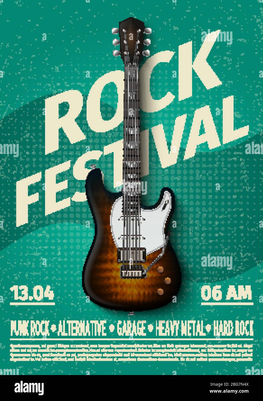 Volantino del festival rock d'epoca con chitarra elettrica. Musica retro concerto affiche, poster con tipografia. Banner modello vettoriale con illustrazione chitarra rock Illustrazione Vettoriale
