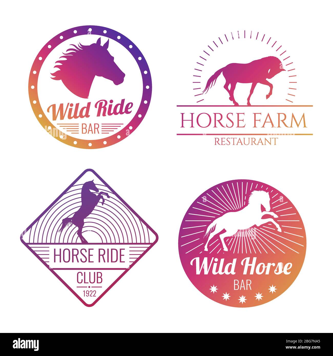 Emblemi colorati di cavallo e mare isolati su sfondo bianco. Illustrazione vettoriale Illustrazione Vettoriale