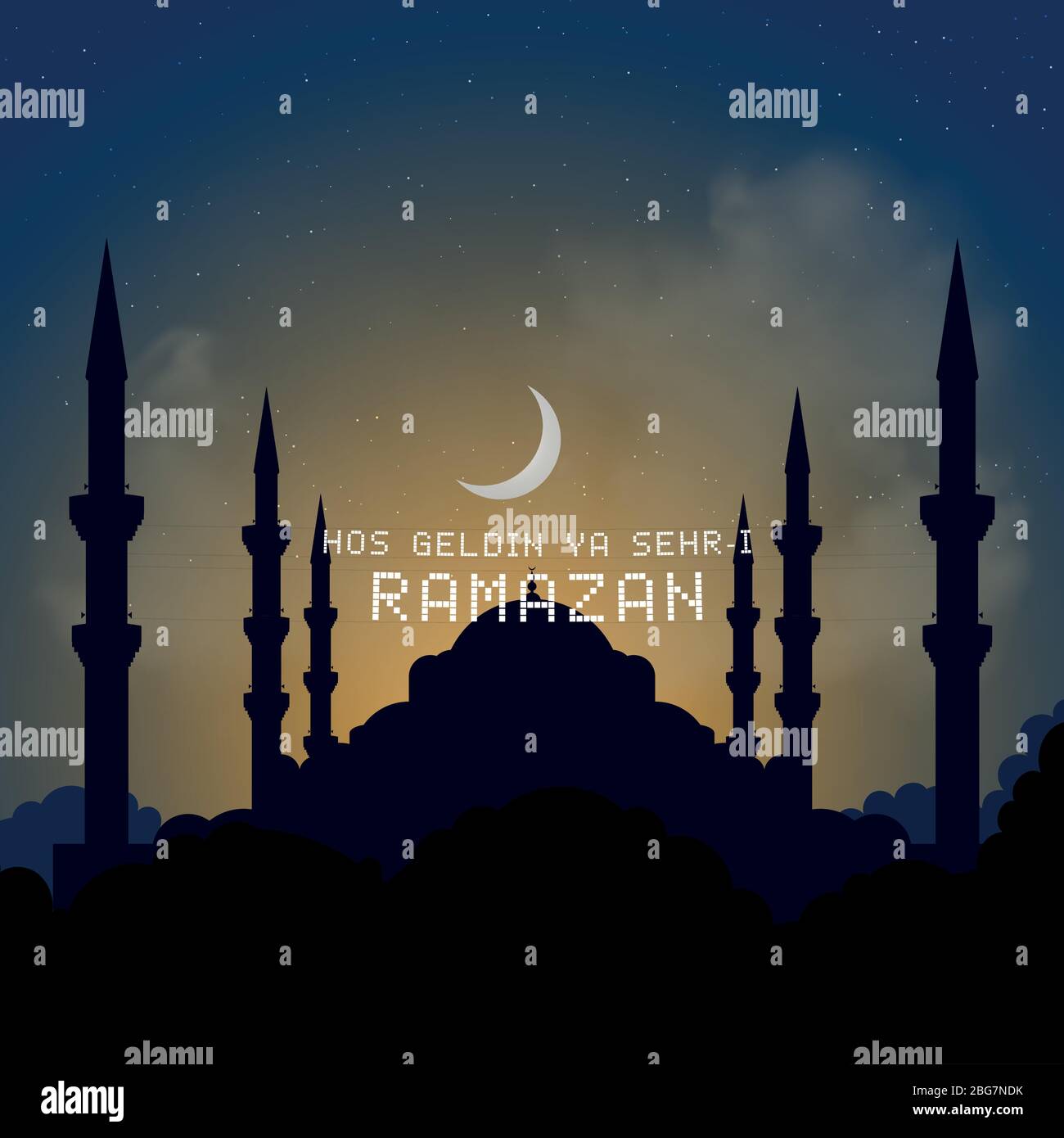 Benvenuto Ramadan mese (turco Hosgeldin Ya Sehri Ramazan), studio vettoriale sulla silhouette di istanbul della Moschea Blu Illustrazione Vettoriale