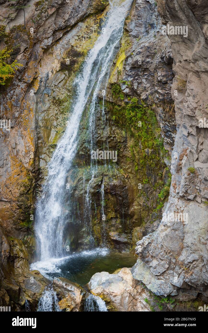 Primo piano della cascata e della piscina nella Short's Creek Gorge al Fintry Provincial Park, BC, Canada Foto Stock