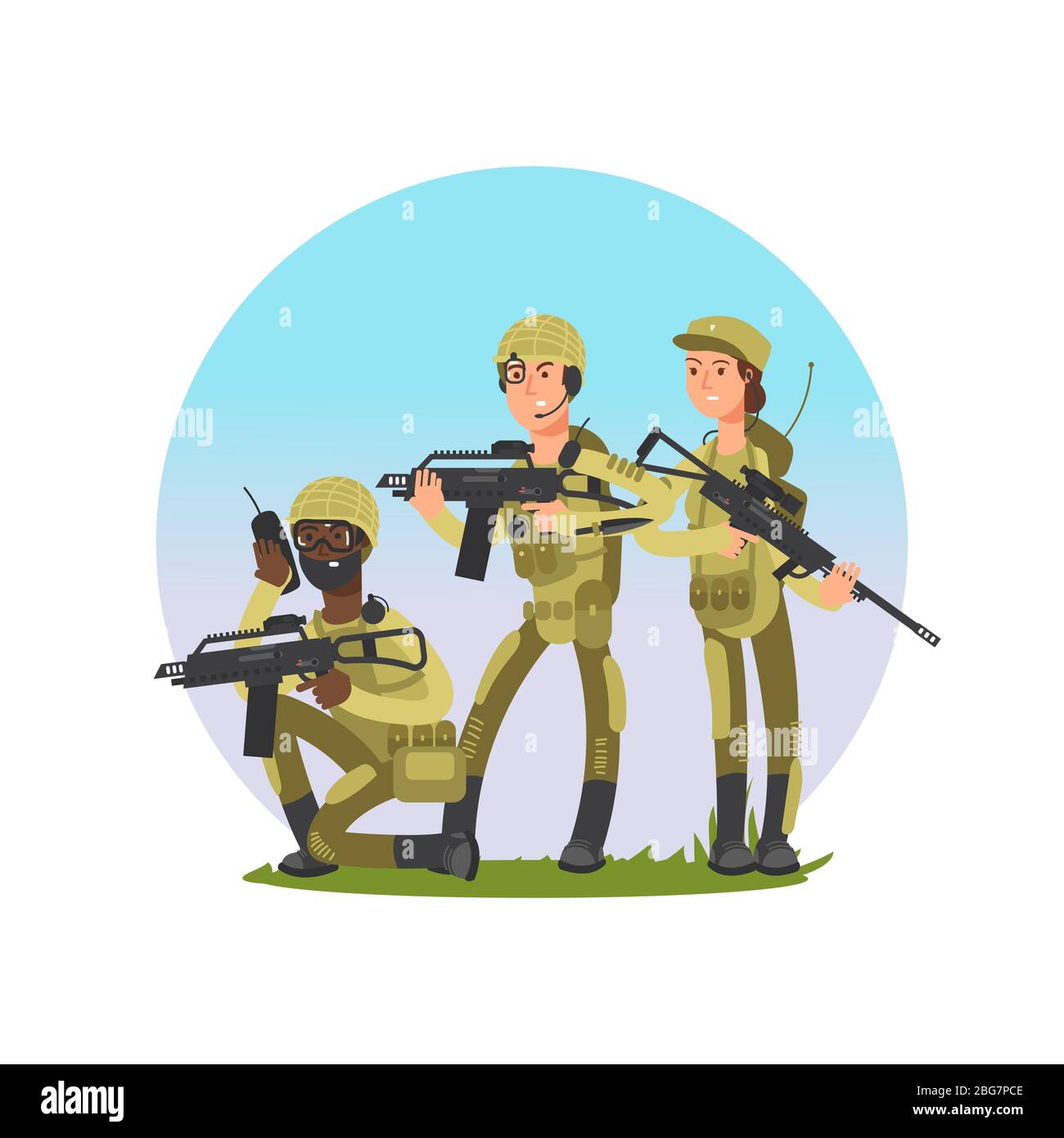 Gruppo di soldati illustrazione vettoriale. Personaggio militare maschile e femminile cartoon isolato su bianco Illustrazione Vettoriale