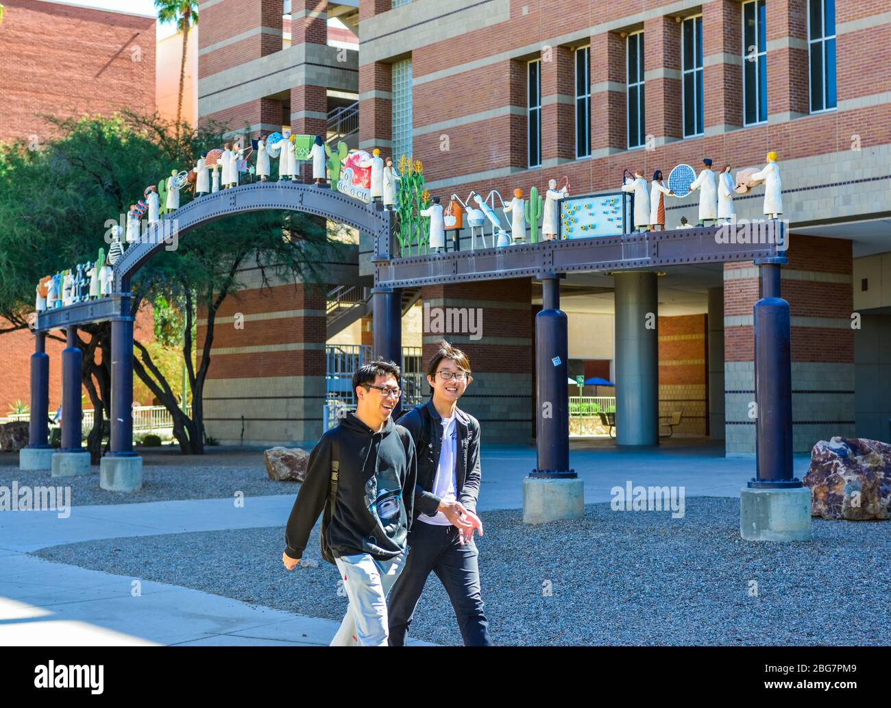 Due giovani uomini di discendenza asiatica ridono davanti all'edificio Henry Koffler con le sculture di scienziati all'Università di Arizona, Tucson, Arizona Foto Stock