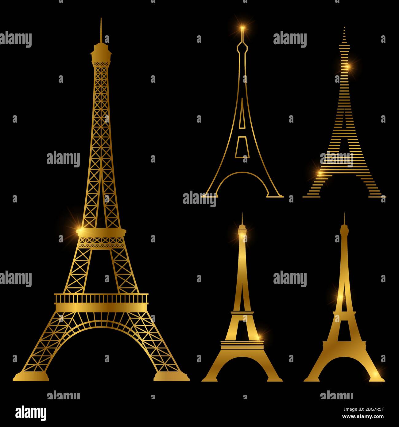 Diverso vettore simbolo della Torre eiffel dorata. Icone dei simboli di Parigi. Monumento simbolo della Francia in oro illustrazione Illustrazione Vettoriale