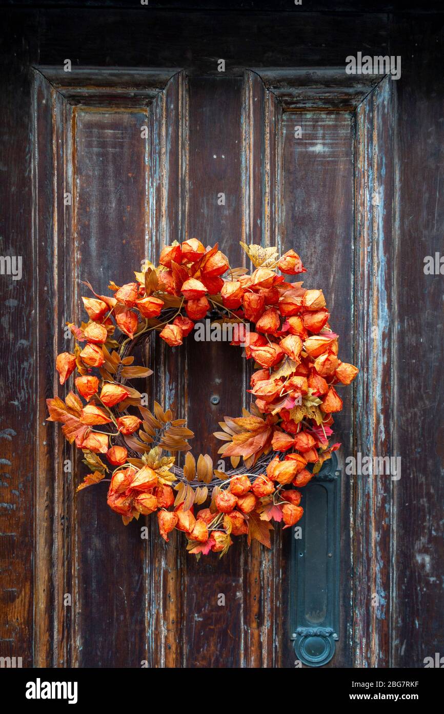 Porta di benvenuto caduta fiore reef appeso sulla porta di vecchio apparement Foto Stock