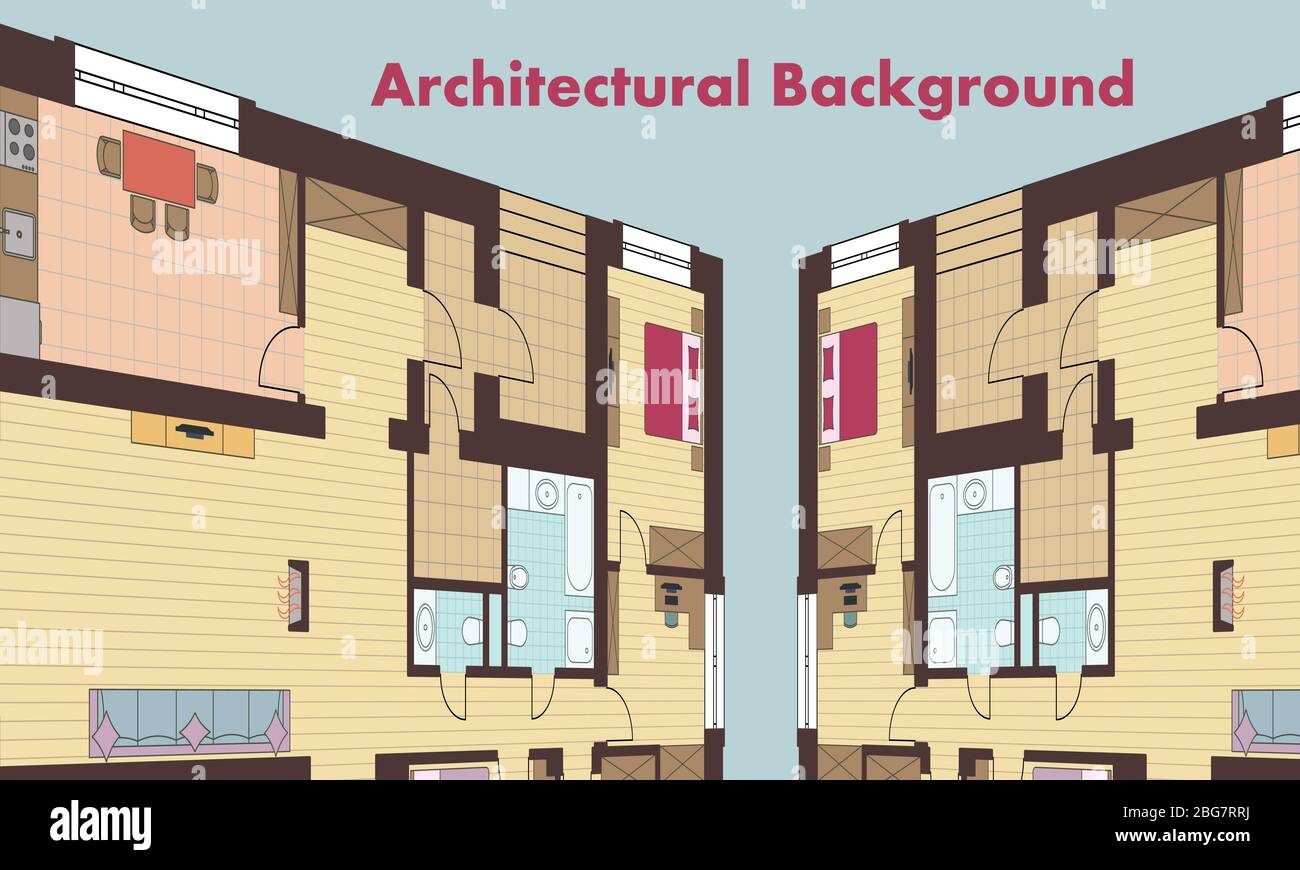 Sfondo architettonico. Piani architettonici di edifici residenziali. I disegni di cottage. Illustrazione vettoriale colorata EPS10 Illustrazione Vettoriale