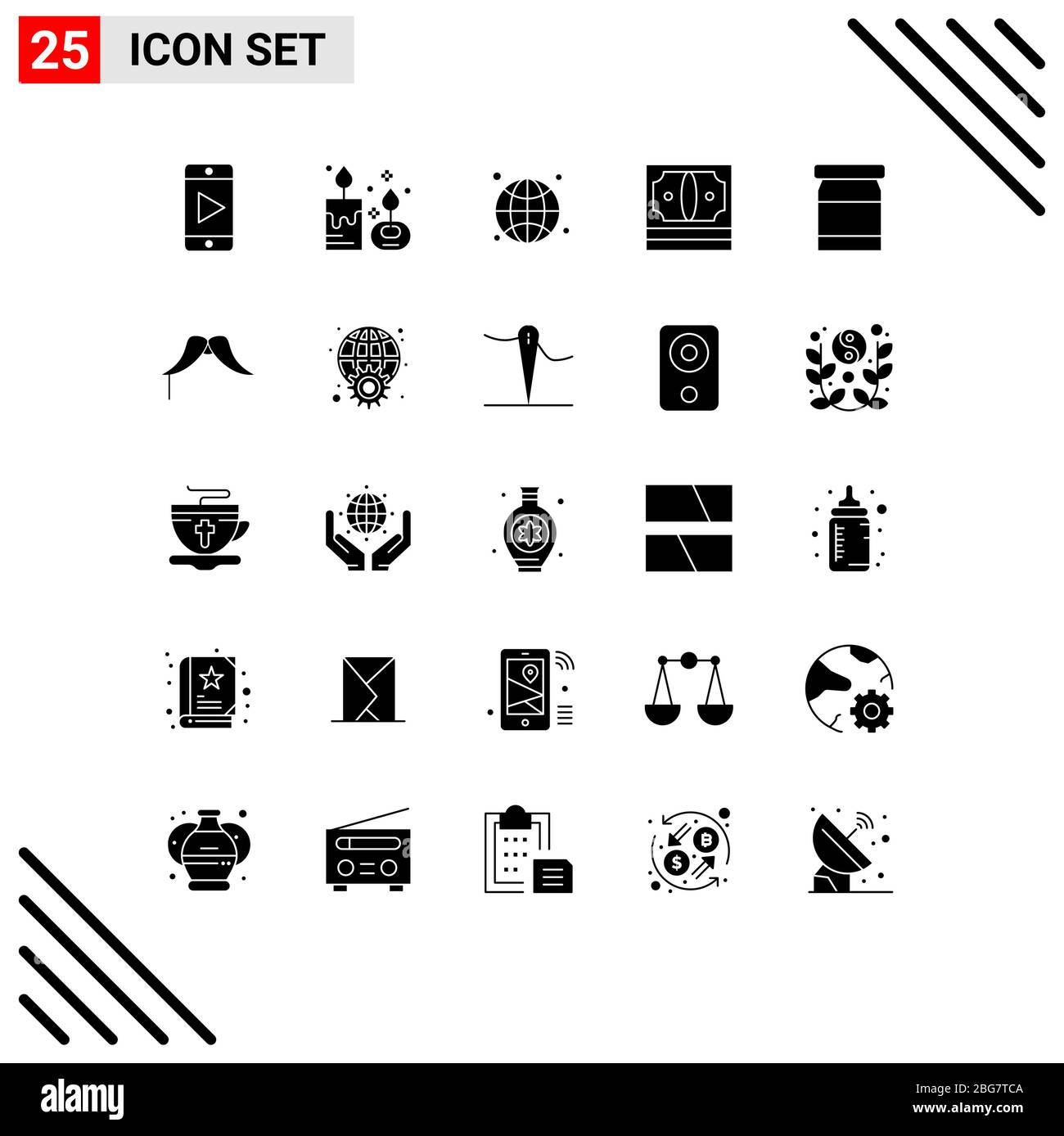 Gruppo di 25 simboli e segni di glifi solidi per il bambino, il denaro, globale, la finanza, il business Editable Vector Design Elements Illustrazione Vettoriale