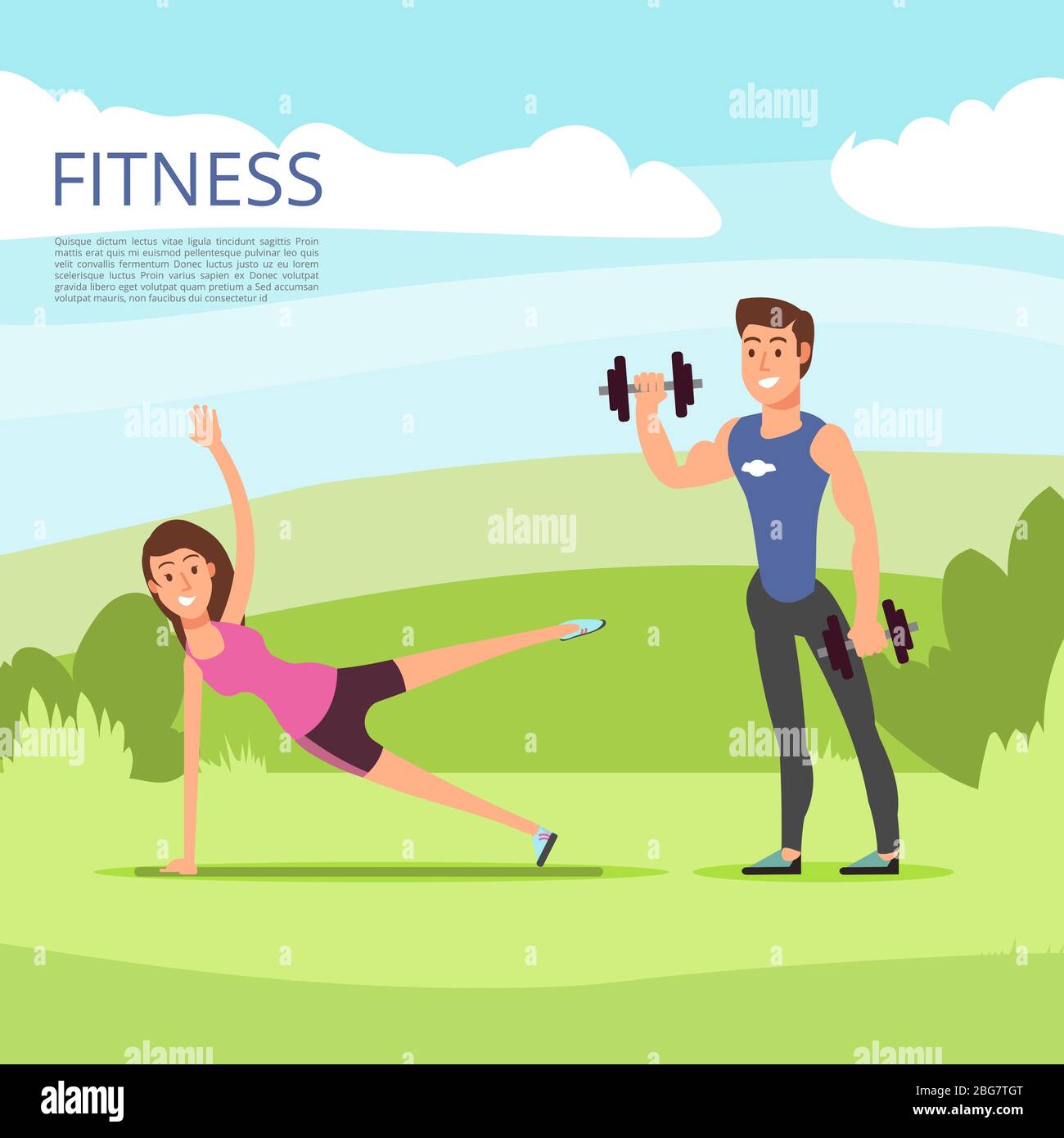 Sport all'aperto o allenamento fitness con personaggi di cartoni animati maschili e femminili. Illustrazione vettoriale Illustrazione Vettoriale