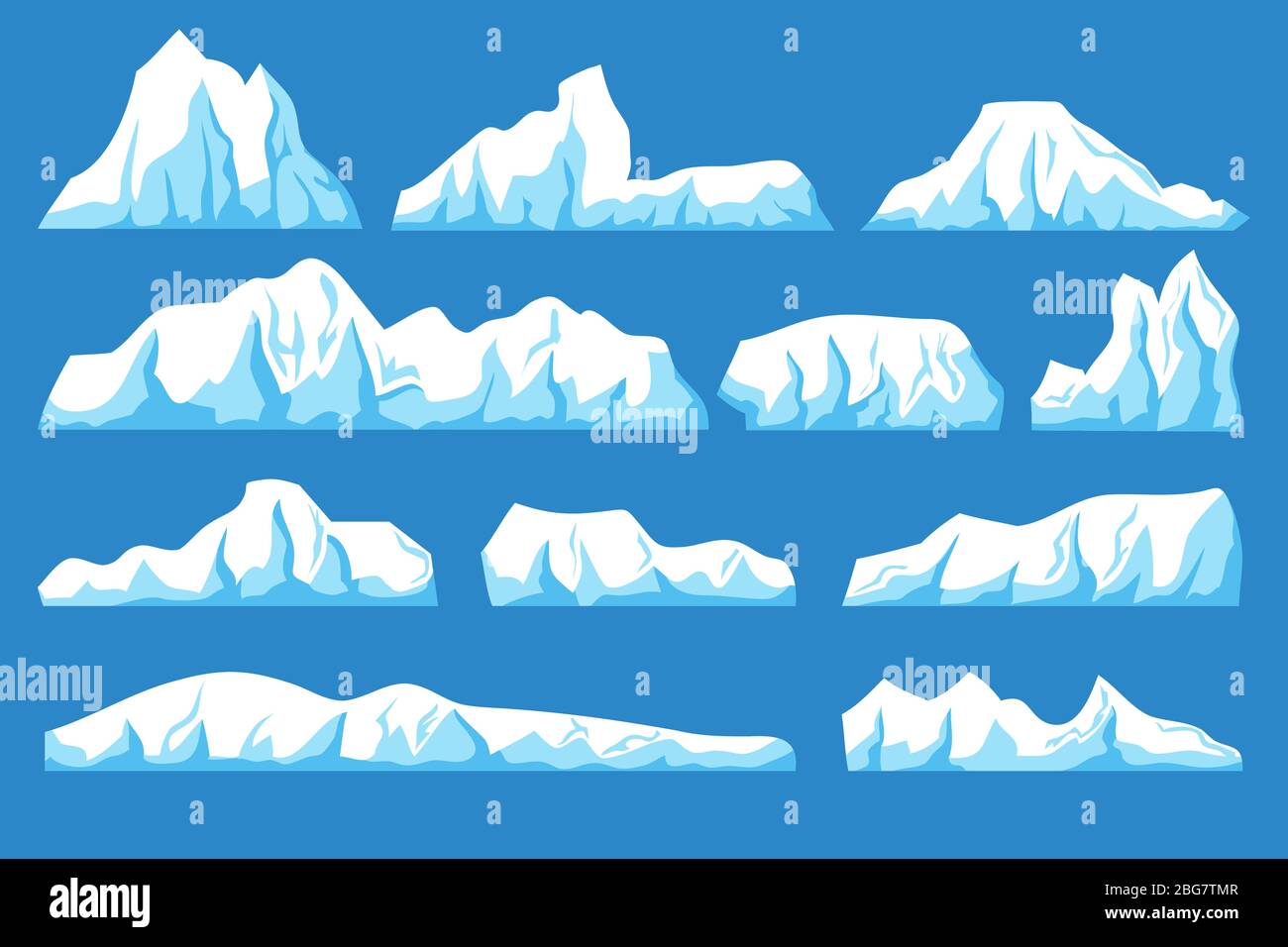 Set vettoriale iceberg mobile con cartoni animati. Il ghiaccio oceanico si scogli paesaggio per il clima e l'ambiente concetto di protezione. Ghiacciaio ghiacciato, natura inverno Illustrazione Vettoriale