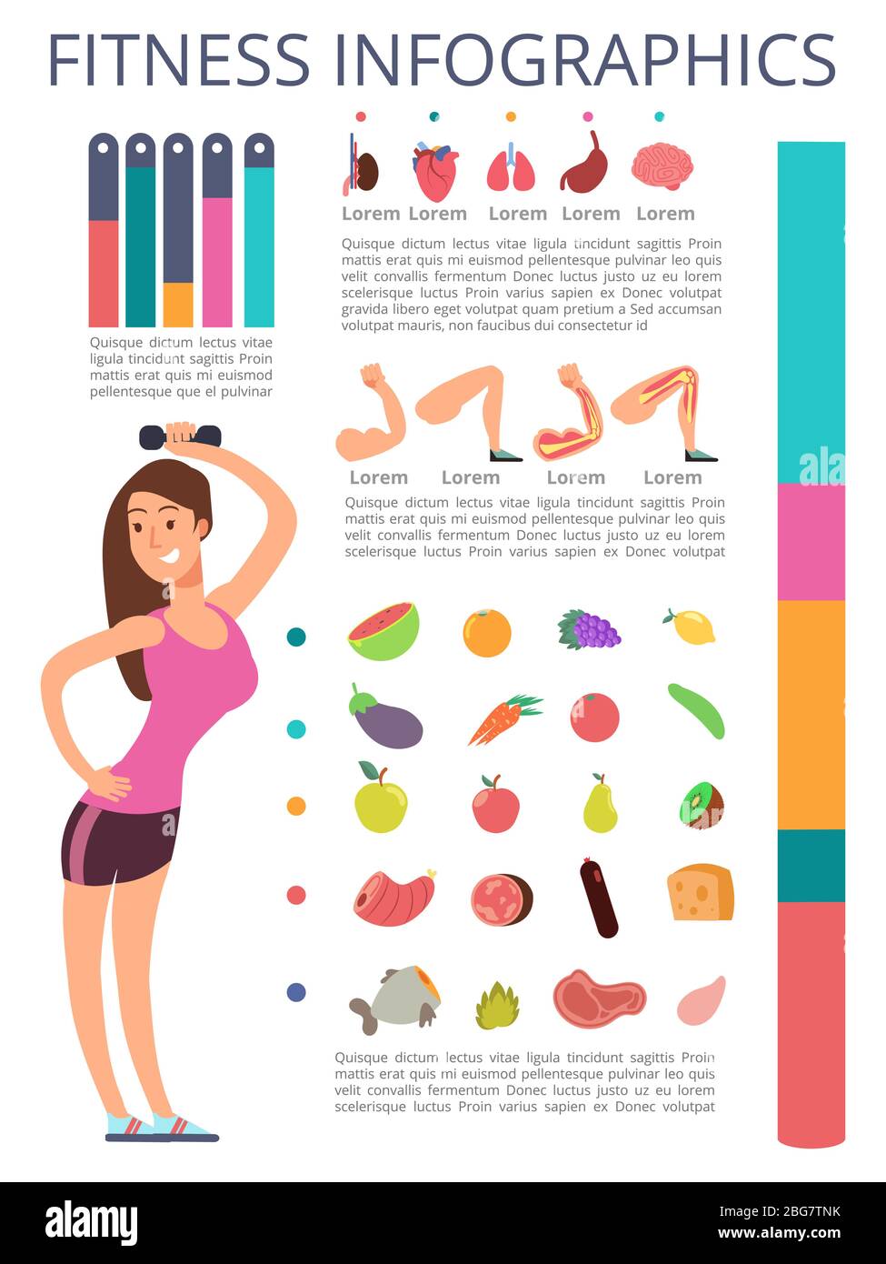 Personaggio donna sport isolato su sfondo bianco. Infografica su fitness e stile di vita sano. Sport sano femminile, fitness infografica lifestyle. V Illustrazione Vettoriale