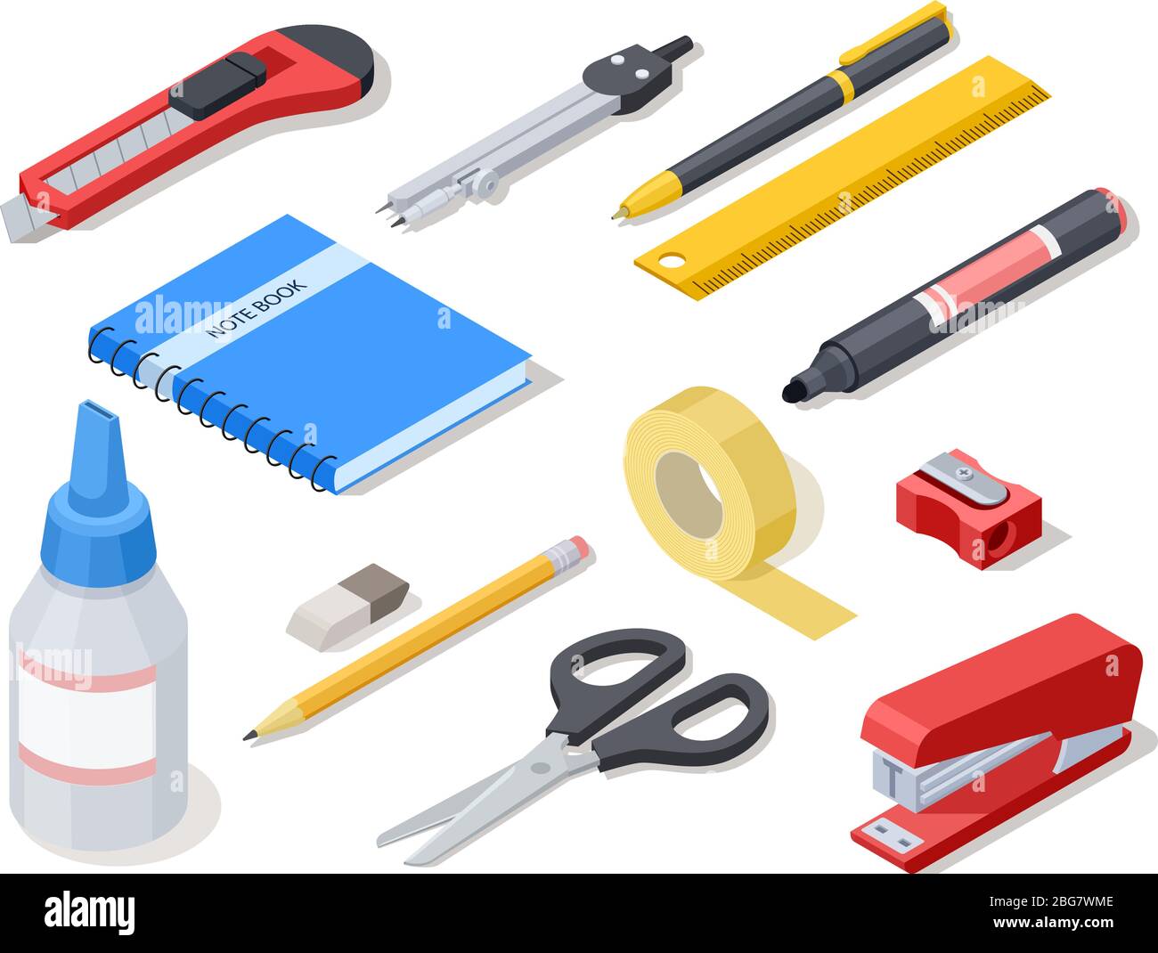 Strumenti isometrici per ufficio. Cancelleria e forniture scolastiche. Icone Vector 3d. Immagine di righello e bussola, gomma e affilatrice, coltello e pinzatrice Illustrazione Vettoriale