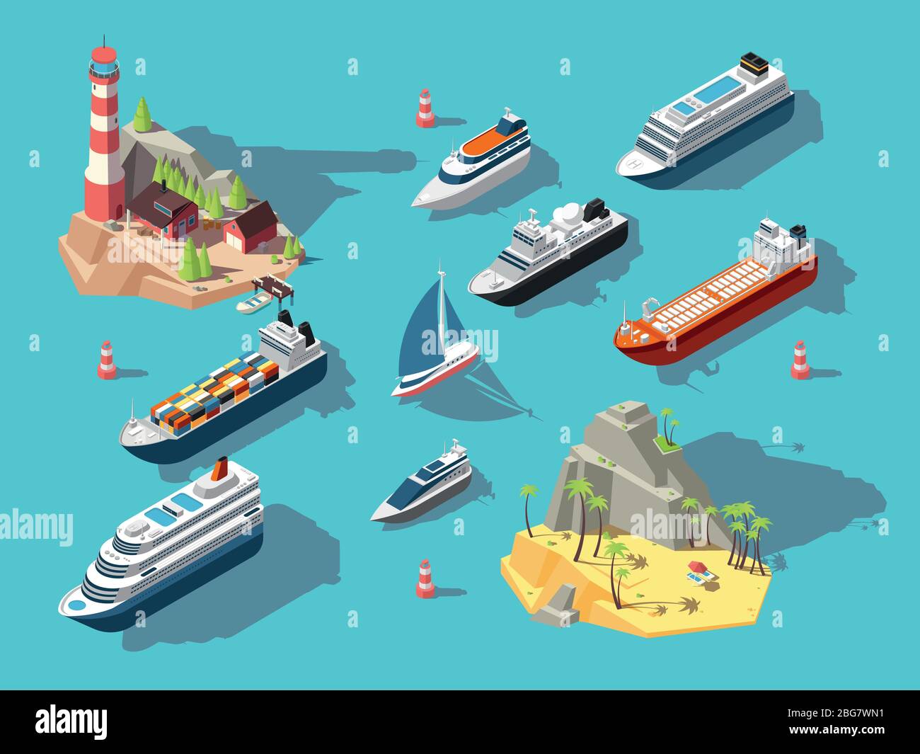 Navi isometriche. Barche e barche a vela, l'isola tropicale dell'oceano con faro e spiaggia. illustrazione vettoriale 3d. Barca a vela, nautica da diporto e yacht Illustrazione Vettoriale
