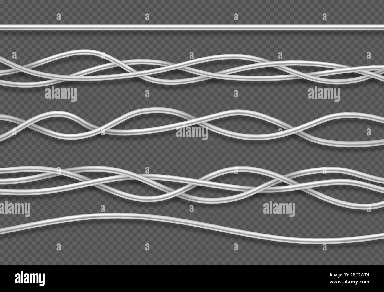 Cavi elettrici. Cavi elettrici industriali bianchi realistici. Set di vettori isolati. Collegamento dei fili, alimentazione elettrica dei cavi, collegamento dell'elettricità Illustrazione Vettoriale