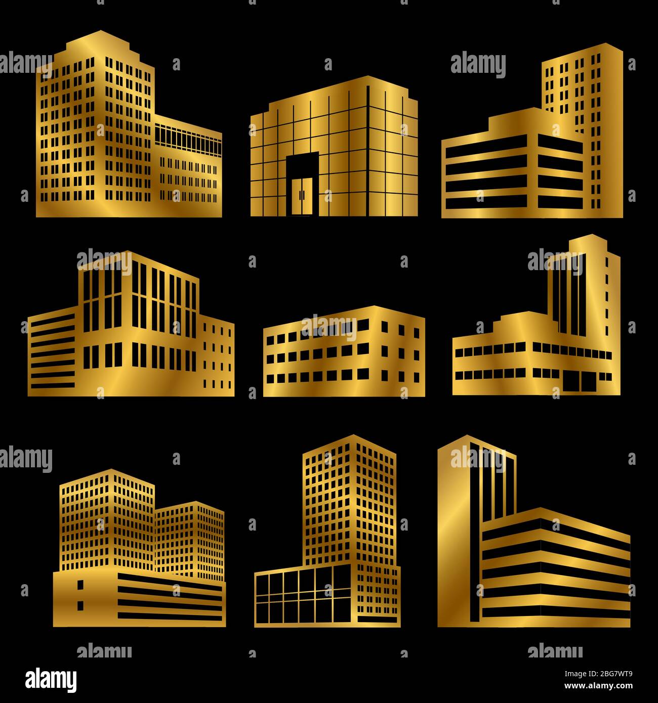 Gold Modern business buildings ufficio per badge o logo icone vettoriali isolato su sfondo nero illustrazione Illustrazione Vettoriale