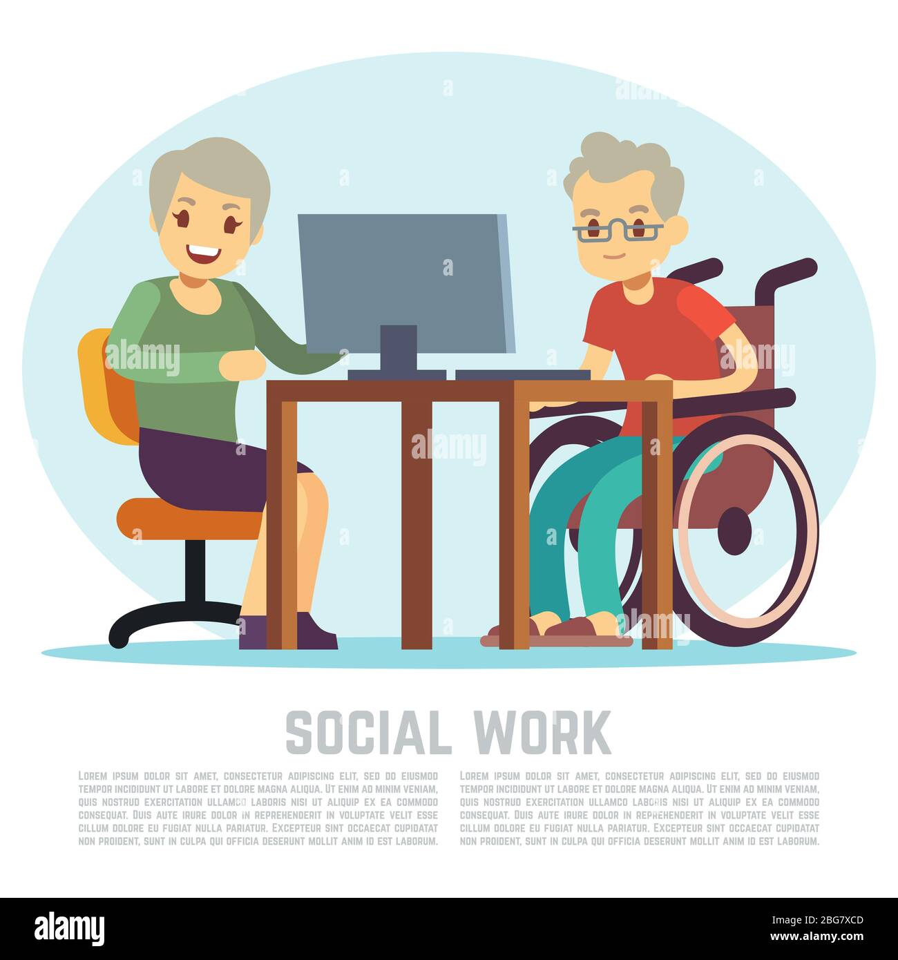 Concetto di vettore di lavoro sociale. L'uomo disabili in sedia a rotelle impara il computer con l'illustrazione della donna Illustrazione Vettoriale