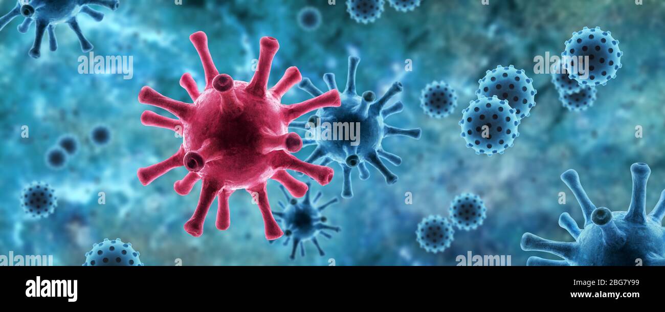 Vista microscopica del virus della corona SARS-cov-2 patogeno in cellule su sfondo blu, illustrazione 3d, banner panoramico con coronavirus, concetto di scienc Foto Stock