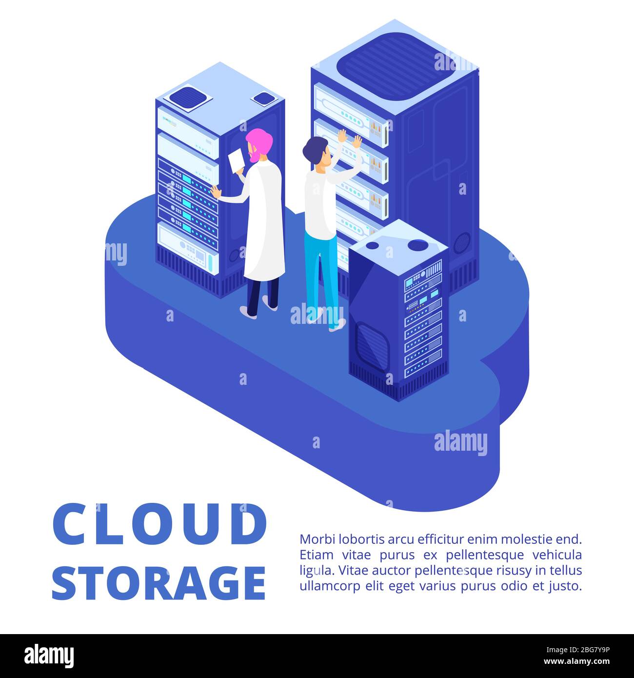Due server di amministrazione e archiviazione su cloud isolati su sfondo bianco. ILLUSTRAZIONE vettoriale 3D Illustrazione Vettoriale