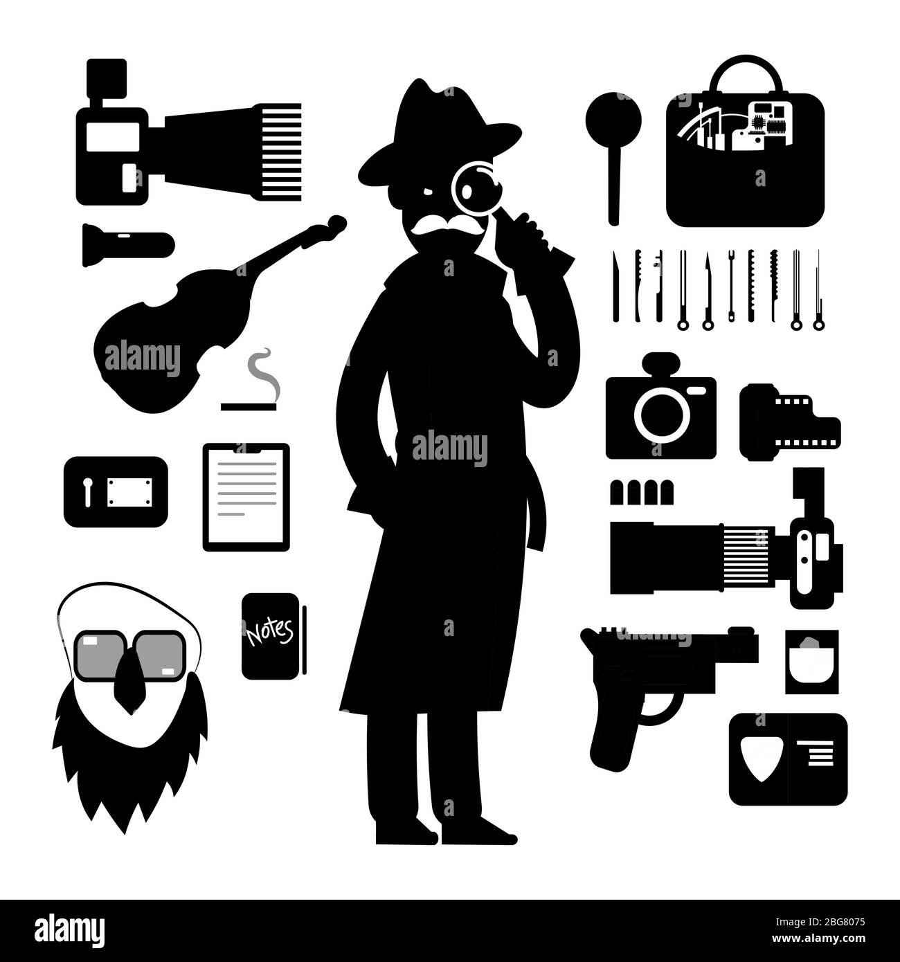 Icone di rilevamento isolate su sfondo bianco. La polizia accessori silhouette. Illustrazione vettoriale Illustrazione Vettoriale