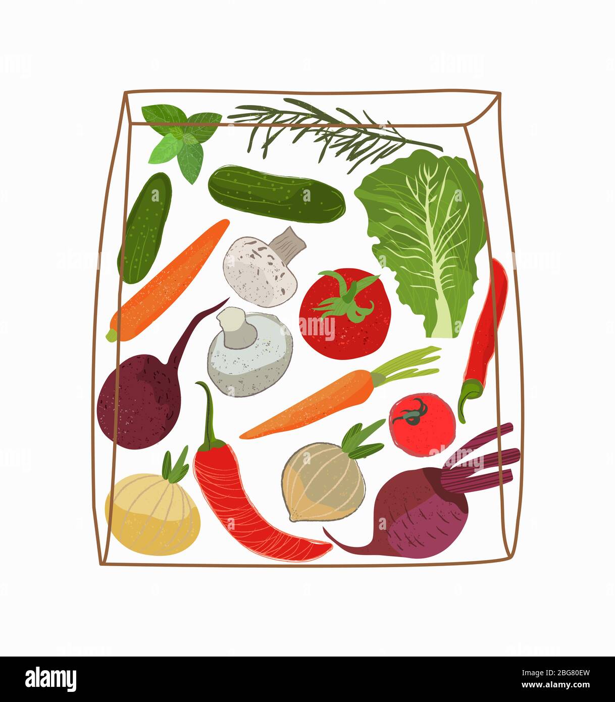 Verdure in un sacchetto di carta. Un insieme di elementi per cucinare. Concetto di acquisto di cibo sano e cucina. Vettore Illustrazione Vettoriale