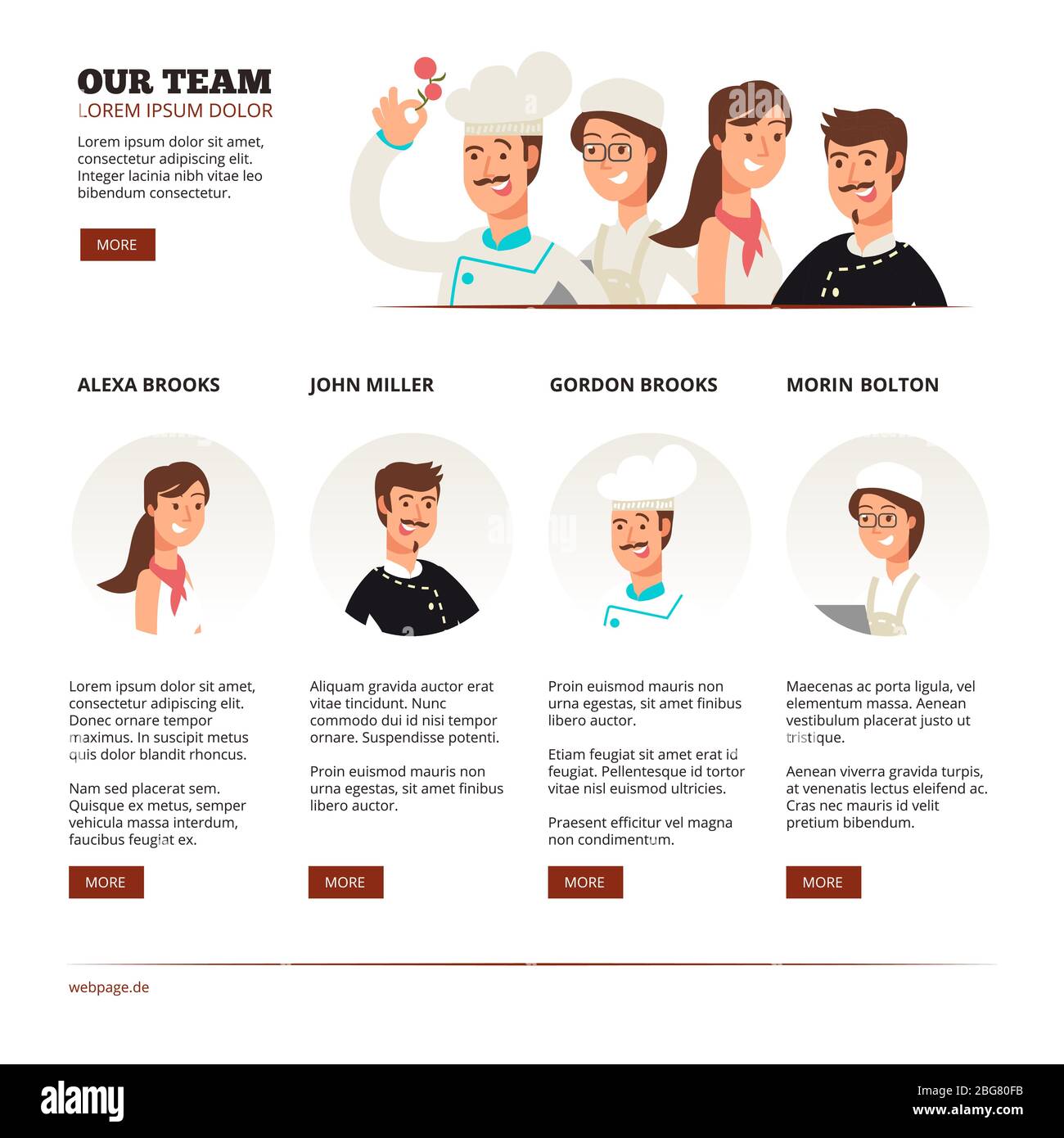 Reataurant cafe team modello di pagina web. Concetto vettoriale di lavoro di squadra con illustrazione di caratteri piatti Illustrazione Vettoriale