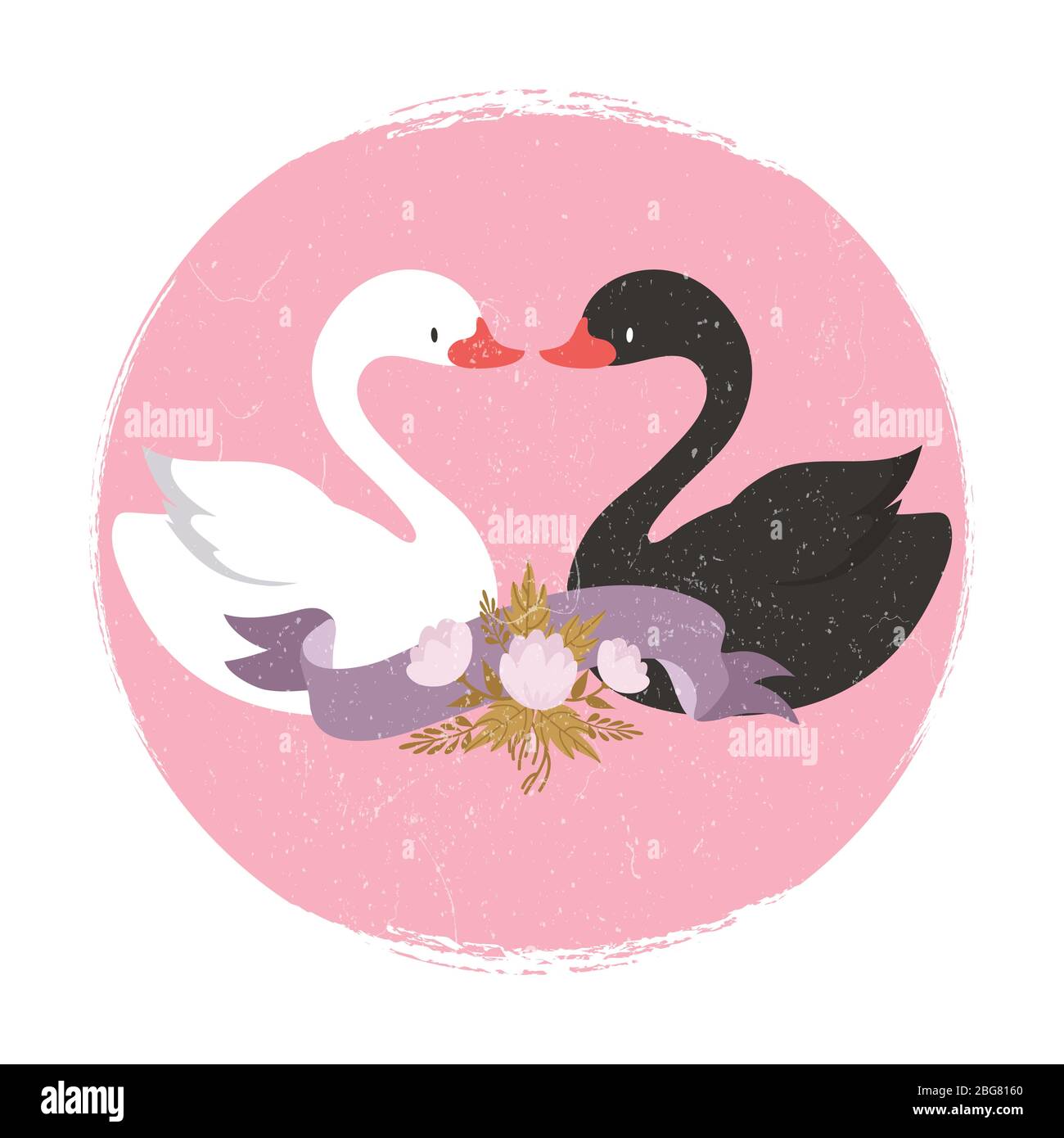 Due simpatici cigni di carattere cartoon in banner liove. Illustrazione del concetto del vettore di amore interrazziale Illustrazione Vettoriale