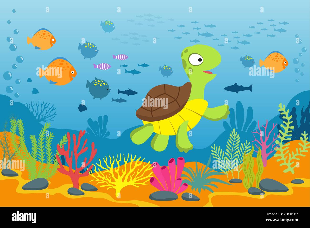 Tartaruga in scena subacquea. Tartaruga, alghe e pesci in fondo oceano. Cartoon marino vettore sfondo. Illustrazione di tartaruga sotto oceano acqua, vita marina Illustrazione Vettoriale