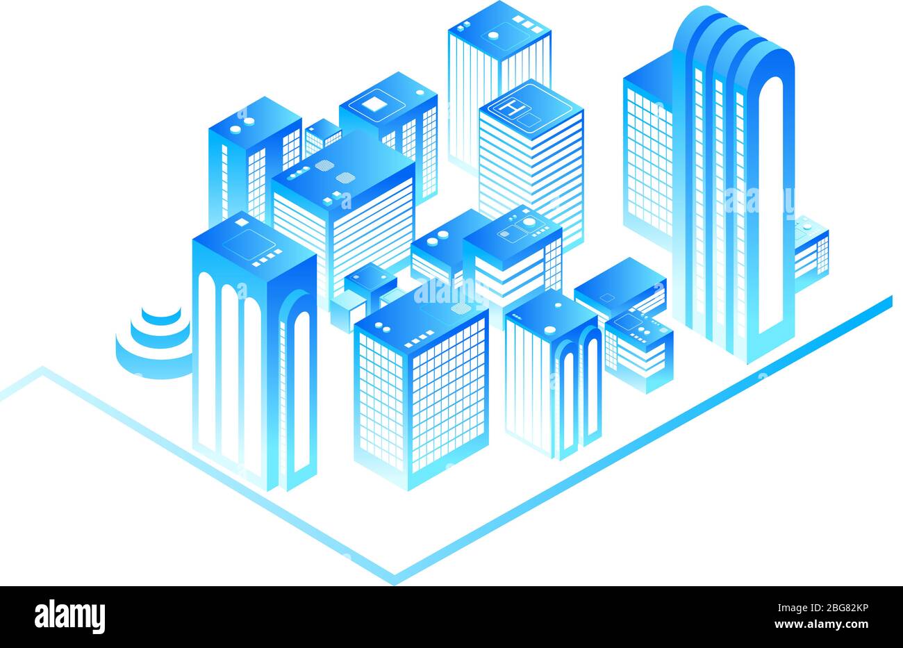 Città intelligente. mappa urbana 3d con edifici isometrici residenziali. Nuova tecnologia per la casa e concetto vettoriale di realtà aumentata. Architettura edilizia residenziale, illustrazione del paesaggio urbano Illustrazione Vettoriale