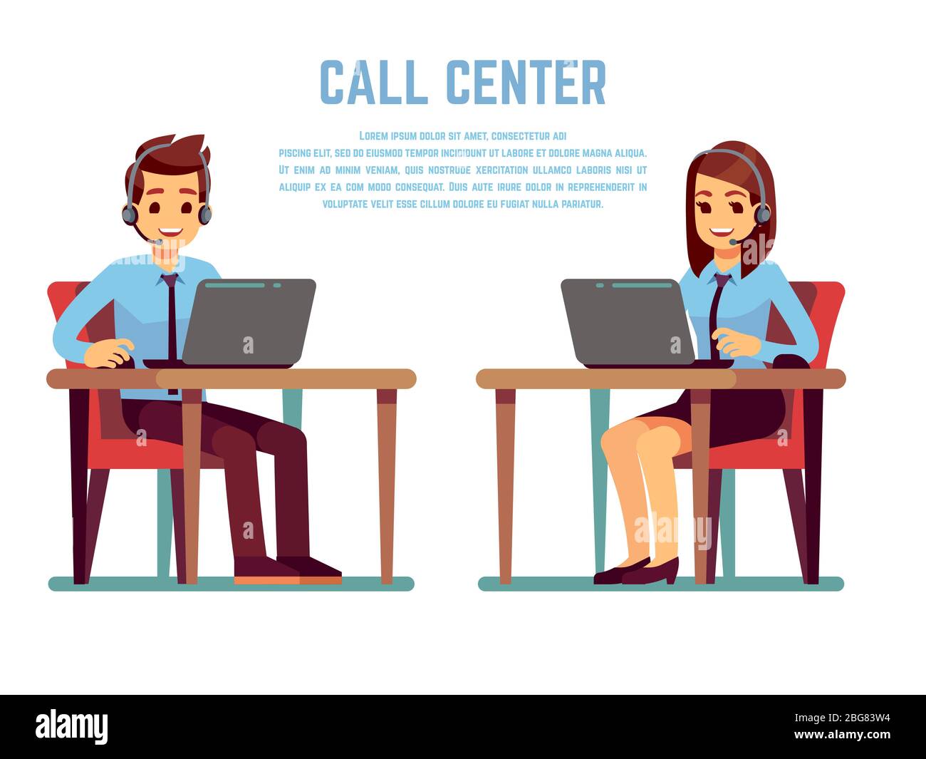 Sorridente giovane donna e uomo operatore con cuffie parlare con il cliente. Personaggi cartoon per il concetto di call center. Servizio di supporto vettoriale, online Illustrazione Vettoriale