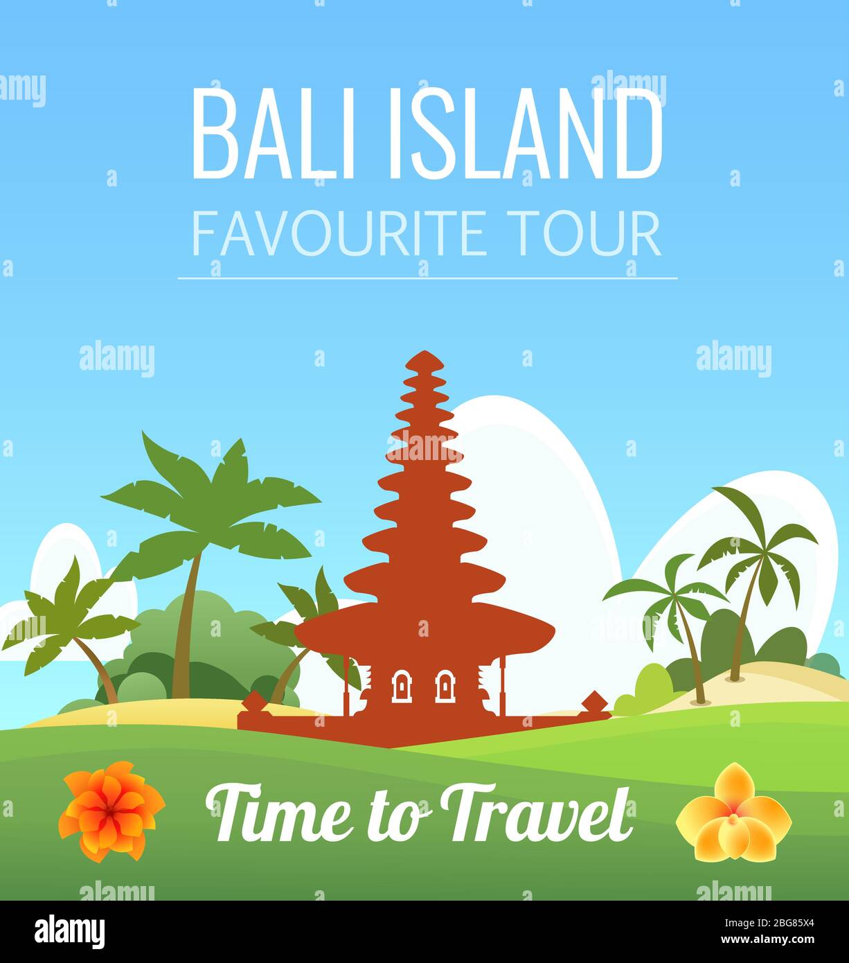 Isola di Bali con Tempio di Ulun Danu Bratan - Banner di viaggio con palme e didascalie di testo Illustrazione Vettoriale