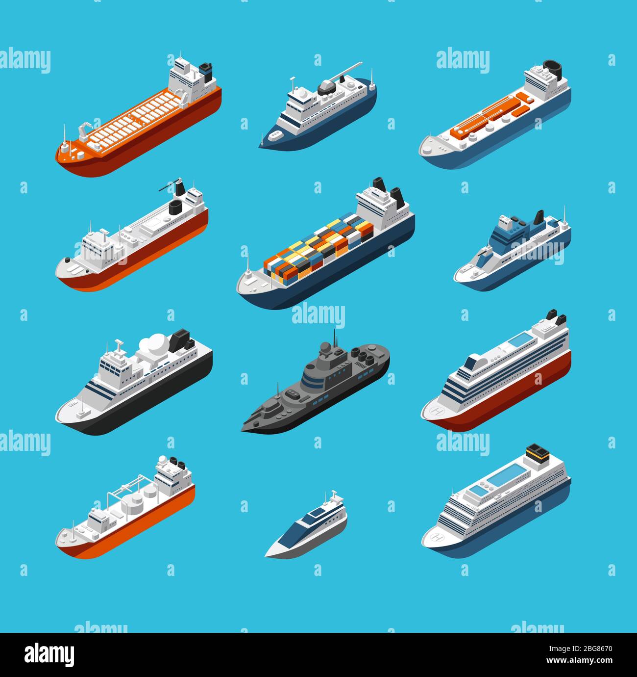 Isometric 3d navi militari e passeggeri, barca e yacht vettore di trasporto marittimo e le icone di spedizione isolate. Trasporto di acqua, nave e Illustrazione Vettoriale