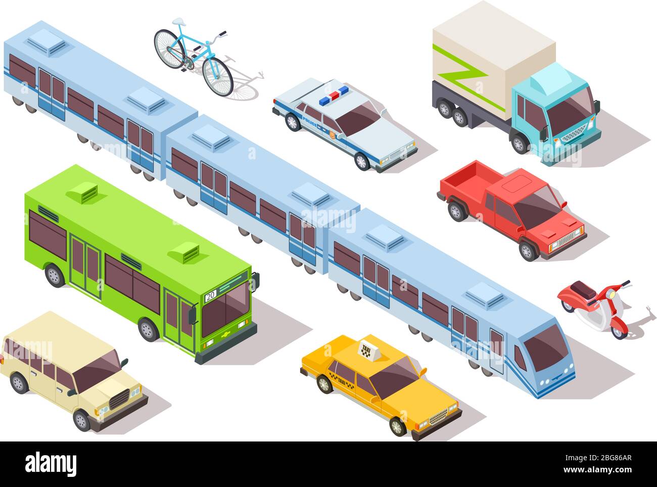 Trasporto pubblico isometrico. Metropolitana treno, autobus, ambulanza, taxi e auto della polizia, camion, moto, bici. set di vettori 3d per veicoli. Illustrazione di autobus, auto e tram urbano Illustrazione Vettoriale