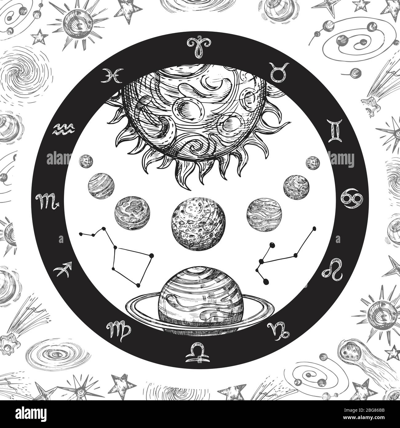 Astrologia concetto con pianeti. Universo disegnato a mano, sistema planetario e costellazioni zodiacali. Illustrazione vettoriale vintage line art. Astrologia universo zodiaco, costellazione nello spazio Illustrazione Vettoriale