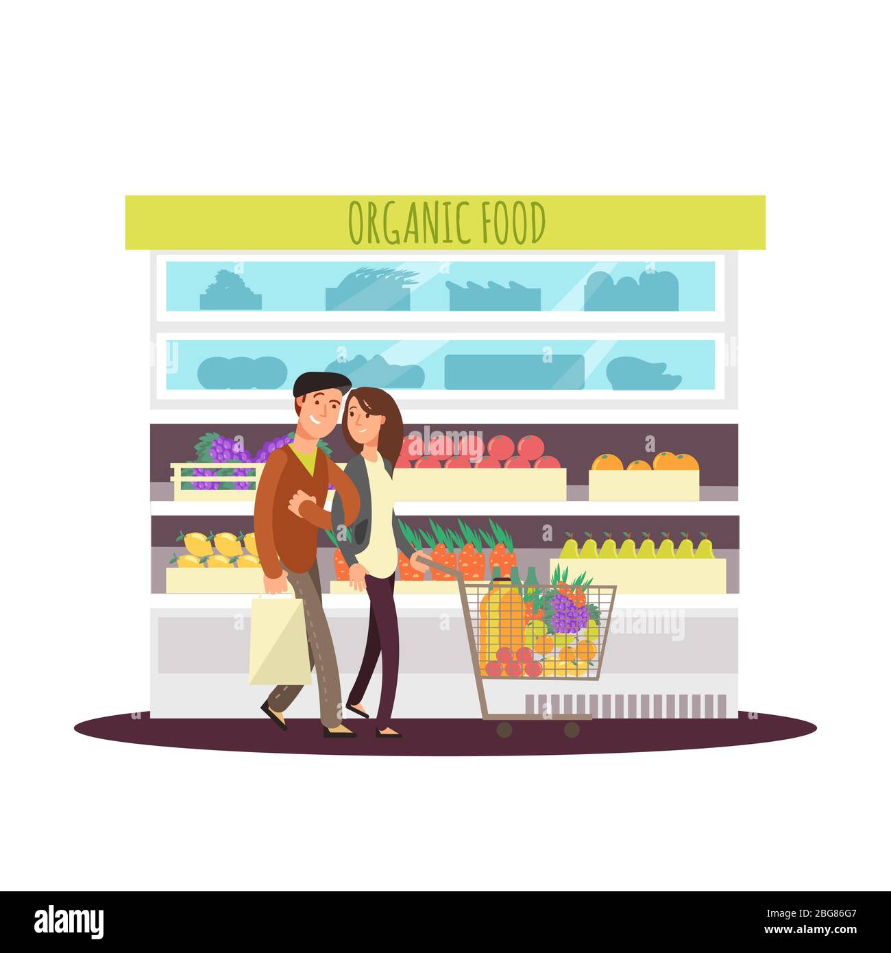 Personaggio cartone animato felice coppia acquistare frutta biologica e verdi. Vegetariano e negozio di alimentari. Mercato frutta, negozio di alimentari, illustrazione vettoriale Illustrazione Vettoriale