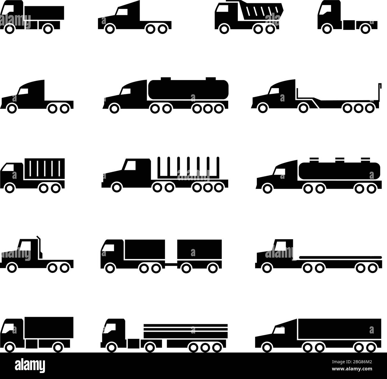 Icone della sagoma del veicolo. Spedizioni, truccini, dumper e furgoni. Simboli dei vettori di trasporto. Illustrazione di rimorchi per trasporto, furgoni, veicoli Illustrazione Vettoriale