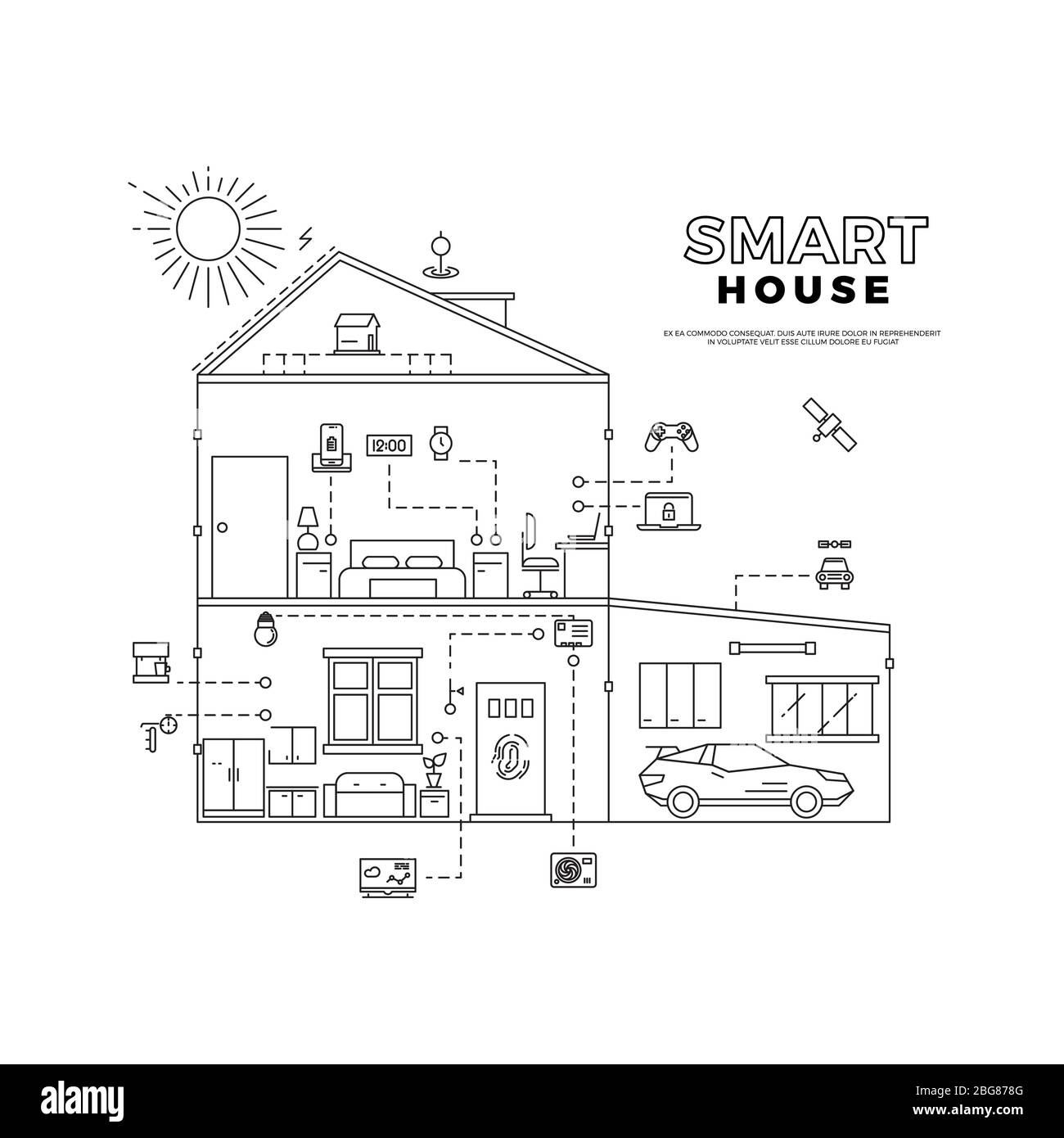 Profilo nero Smart House concetto vettoriale di progetto del sistema di tecnologia isolato su sfondo bianco illustrazione Illustrazione Vettoriale