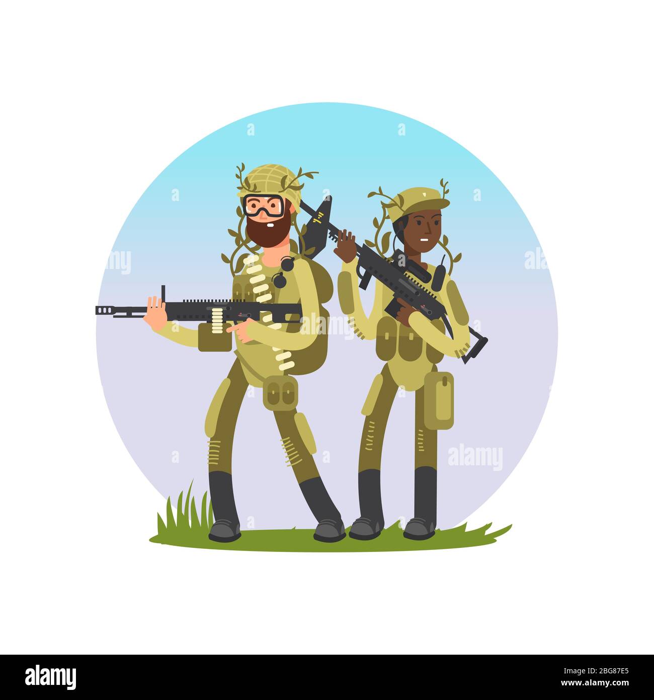 Uomini e donne soldati cartoon carattere design isolato su bianco. Illustrazione vettoriale Illustrazione Vettoriale